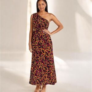 Nicole Miller Magenta Purple One Shoulder Elastic Waist Belted Maxi Dress 14 NWT
